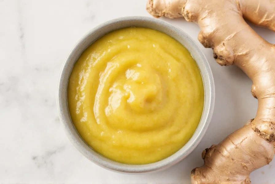 Homemade ginger puree in glass jar with fresh ginger roots