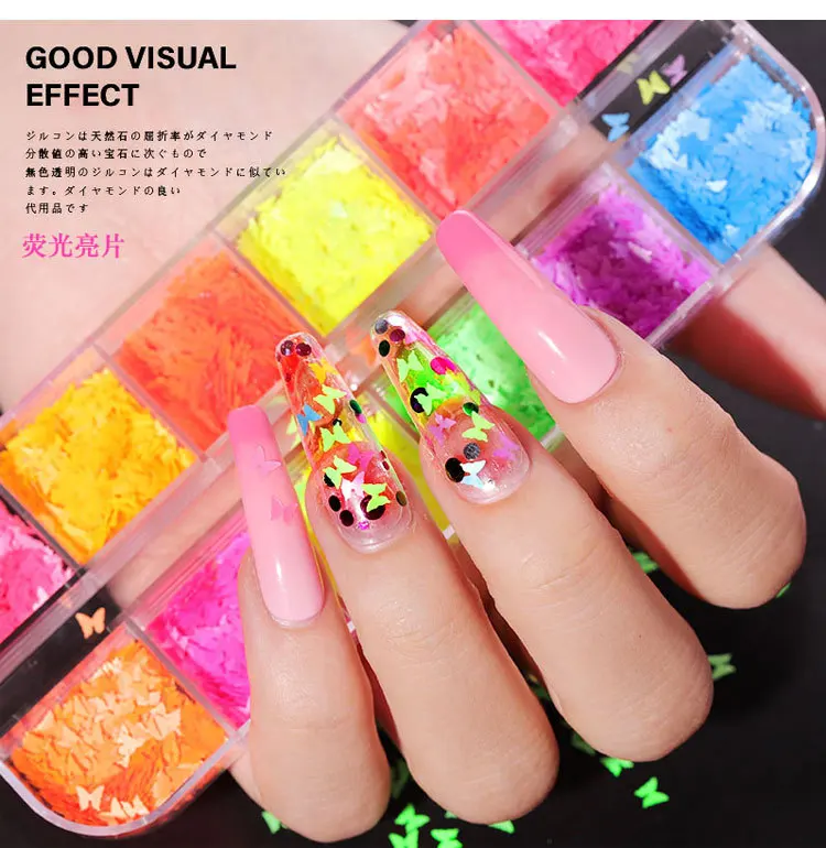 

Wholesale 12 designs Mixed Shape Butterfly Nail Glitter Sequins for Nail Art 3D Decoration Makeup Kids DIY crafts, 12 colors