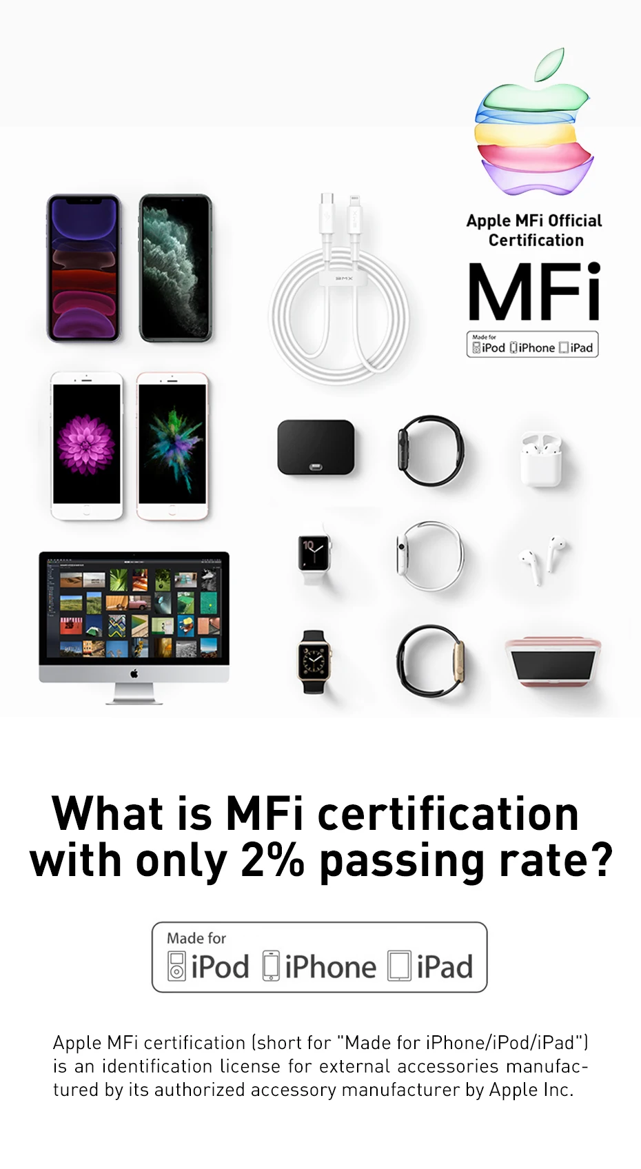  BMX Mini White MFi certified Type C to iP PD USB Cable18W Fast Charging Data Transmission For iPhone 6S 7 8 X