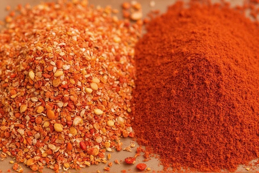 Chili flakes and red pepper flakes in separate bowls for visual comparison