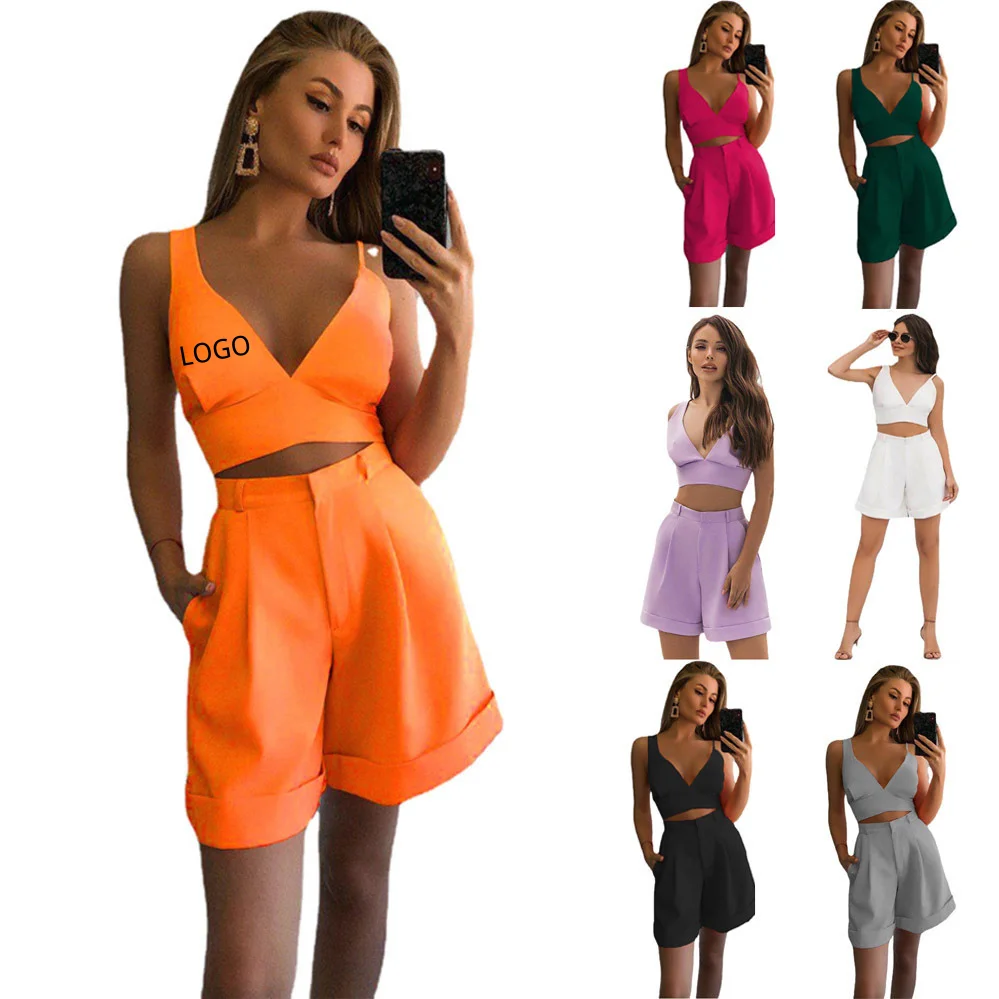 

2022 Best Selling Plus Size Women 2 Piece Set Solid Color V Neck Sleeveless Top High Waist Shorts Women Casual Outfits