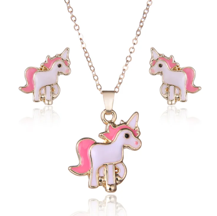

Wholesale cute pink unicorn horse alloy enamel craft necklace earring set for women kids jewelry set