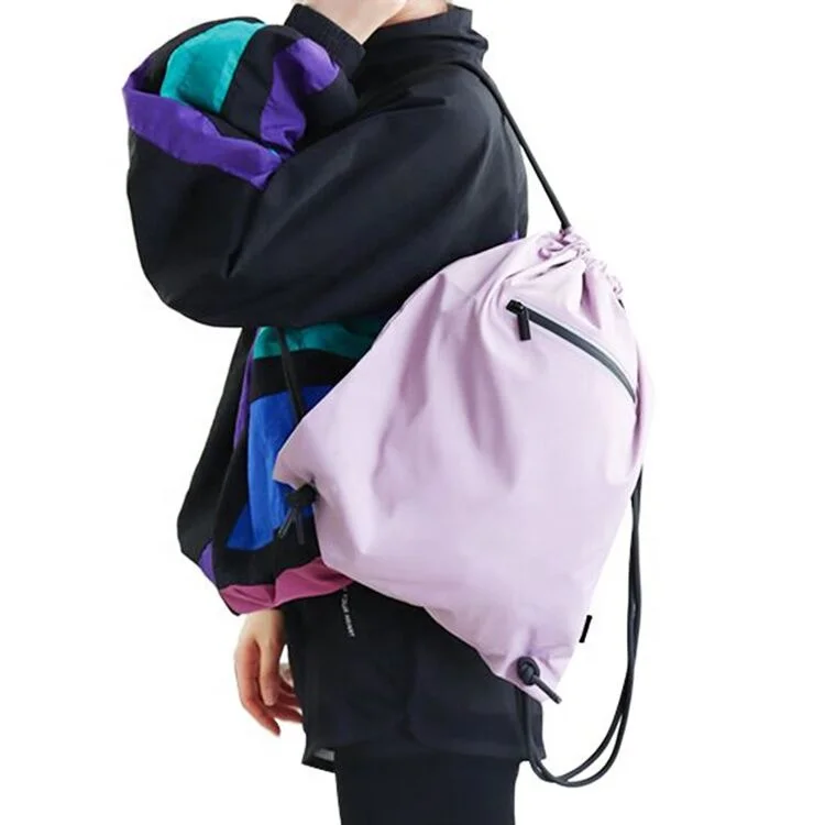 

Outdoor portable drawstring bag Women light sport bag large capacity storage string bag backpack with zipper pocket, Purple