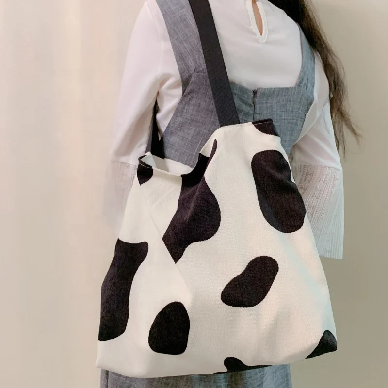 

Single Shoulder Shopping Bag Japanese and Korean Lovely Cow Printed Corduroy Large Capacity Women's Tote Bag, Cow color
