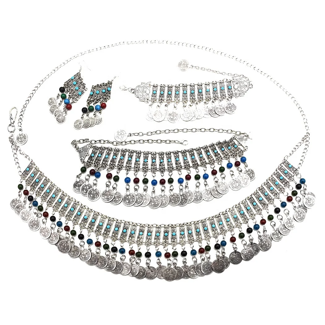 

2020 Wholesale Retro Antique Bohemian Dancing Jewelry Sets Burnish Silver Multi Bead Color Necklace Earring Bracelet Best Sets