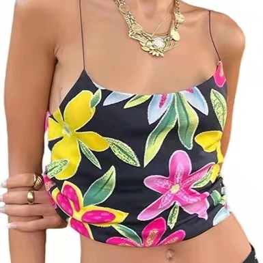 

2022 Custom Logo Summer Floral Halter Crop Top Chromatic Backless Slim Vest Printed Spliced Sleeveless Tank Top For Women