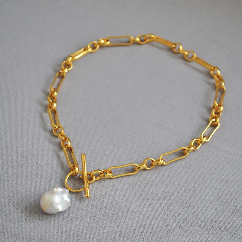 

Trendy Manual Round Circle Stitching Link Pearl Necklace Thick Brass Hollow chain Freshwater Pearl OT Toggle Necklace