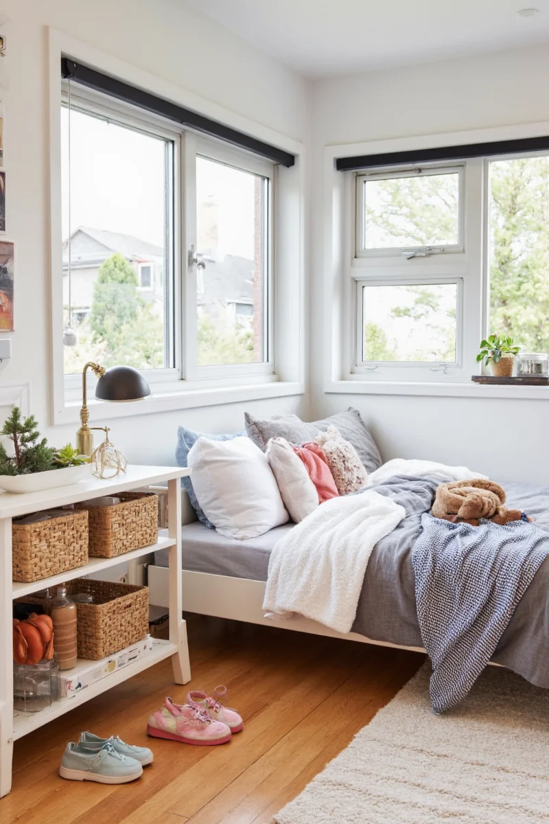Floating shelves and under-bed storage keeping a small room organized