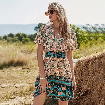 

2021 Spring New Bohemia Floral Dress Women Casual V Neck High Waist Short Sleeve Print Dress For Women Fashion Summer Dress