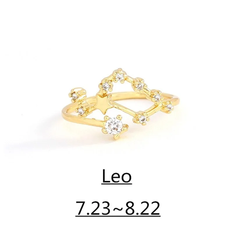 

Minimalist Gold Color Rhinestone 12 Zodiac Star Signs Adjustable Open Finger Rings For Women Jewelry Gift, As picture