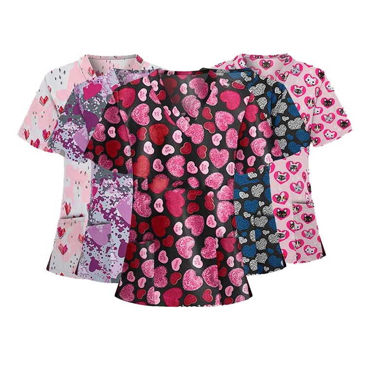 

wholesale V neck heart print hospital nurse srubs medical uniform top, Multi colors
