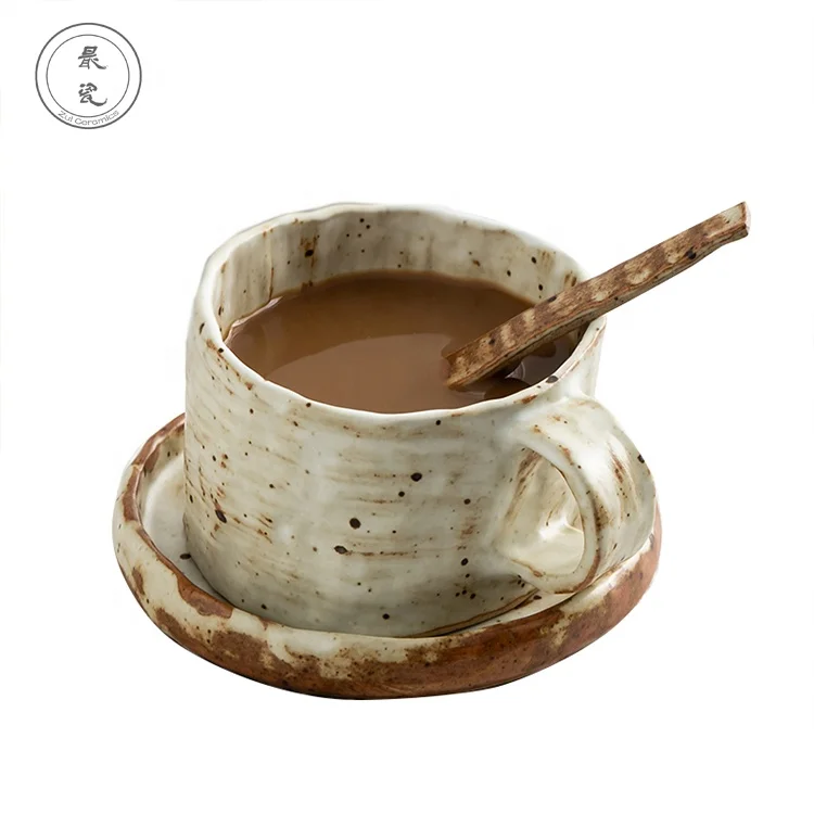 

CUSTOM Handmade creative pottery modern bubble tea cup and saucers, White+colour
