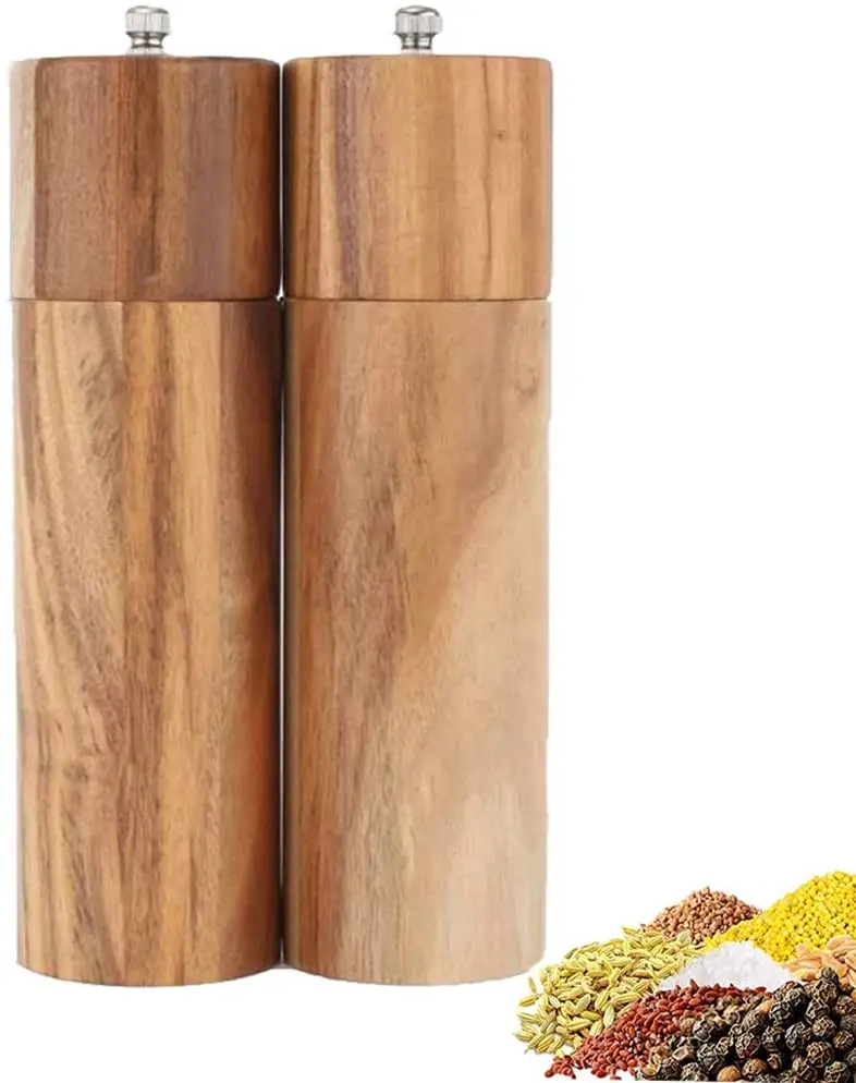 Wooden Salt and Pepper Grinder Set, Manual, Acacia Wood, 8" - Elegant Salt Grinder and Pepper Grinder Mill for Seasoning, Cookin, Natural