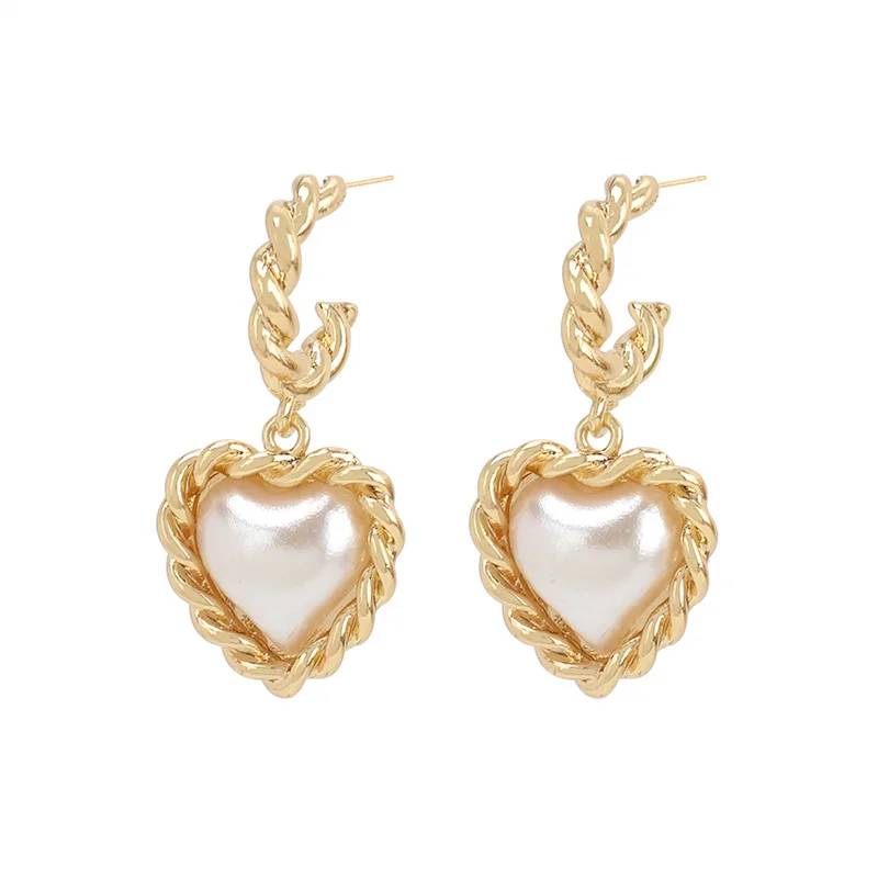 

18K Gold Plated Geometric C Shape Twisted Hoop Earrings Romantic Heart Pearl Drop Earrings