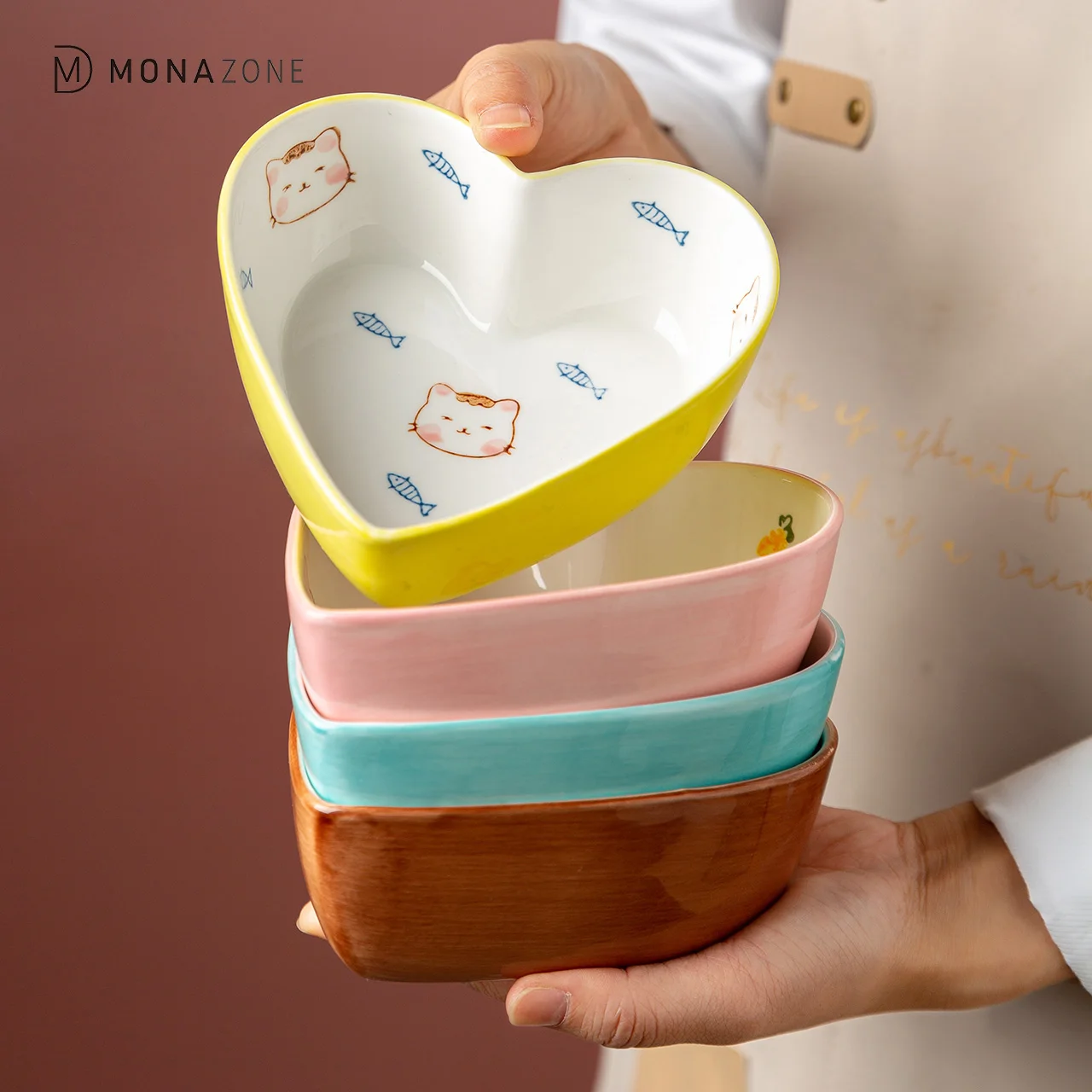 

MONAZONE Tableware Designer Heart-Shaped Ceramic Cartoon Cute Rice Dessert Snack Bowl Kitchen Salad Bowl