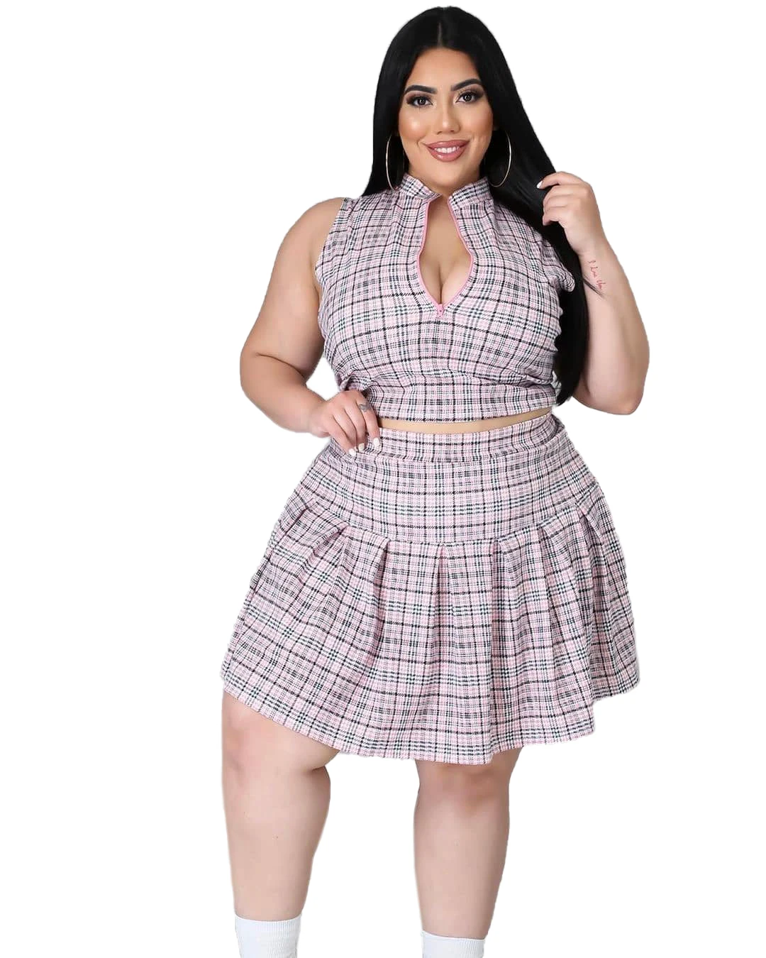 

2021 European and American fashion sexy Plaid printing zipper two piece pleat set