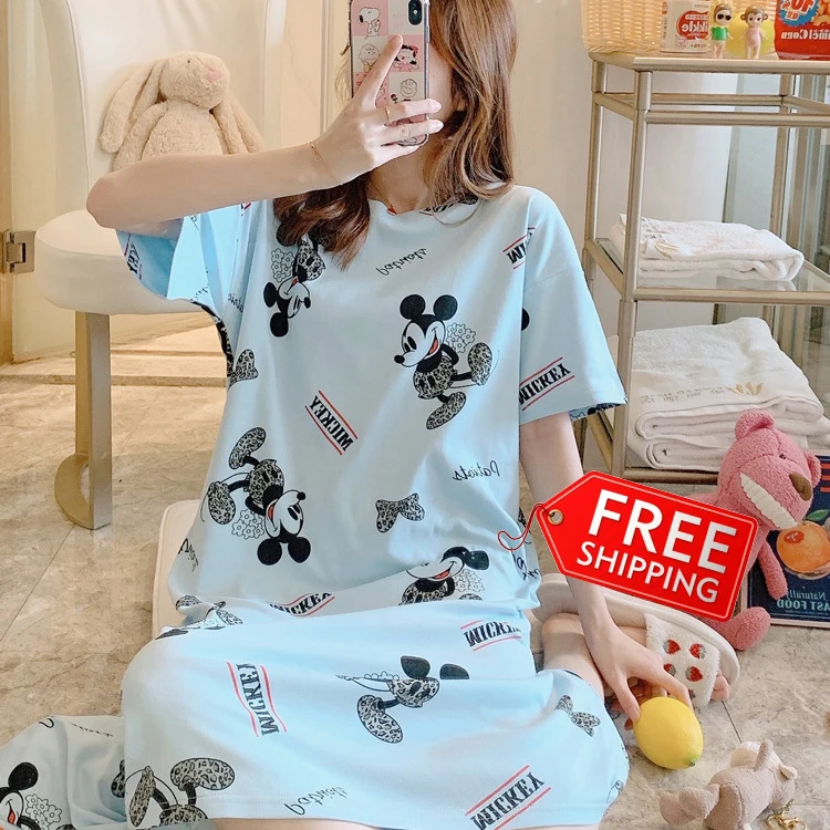 

Summer fresh and sweet cartoon pajamas nightdress comfortable short-sleeved plus size dress