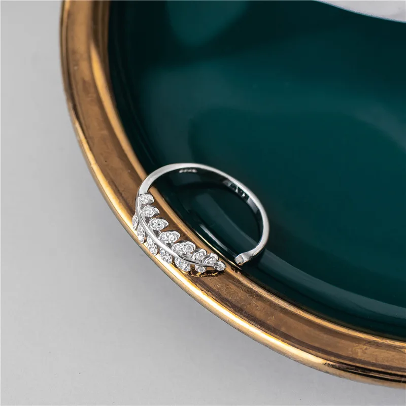 

Adjustable Authentic S925 Silver Zircon Leaf Open Ring Shiny Sterling Silver Diamond Leaves Rings For Girls