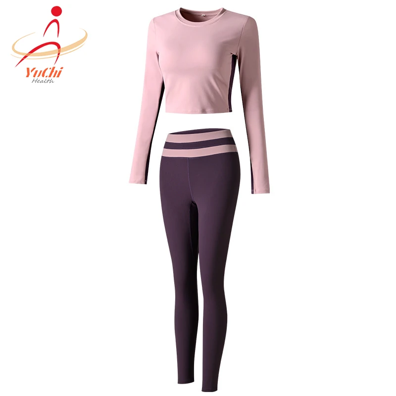 

New Products Women 2pcs Sportswear Gym Set Seamless Yoga Suit Long Sleeve Fitness Workout Set, Purple,black