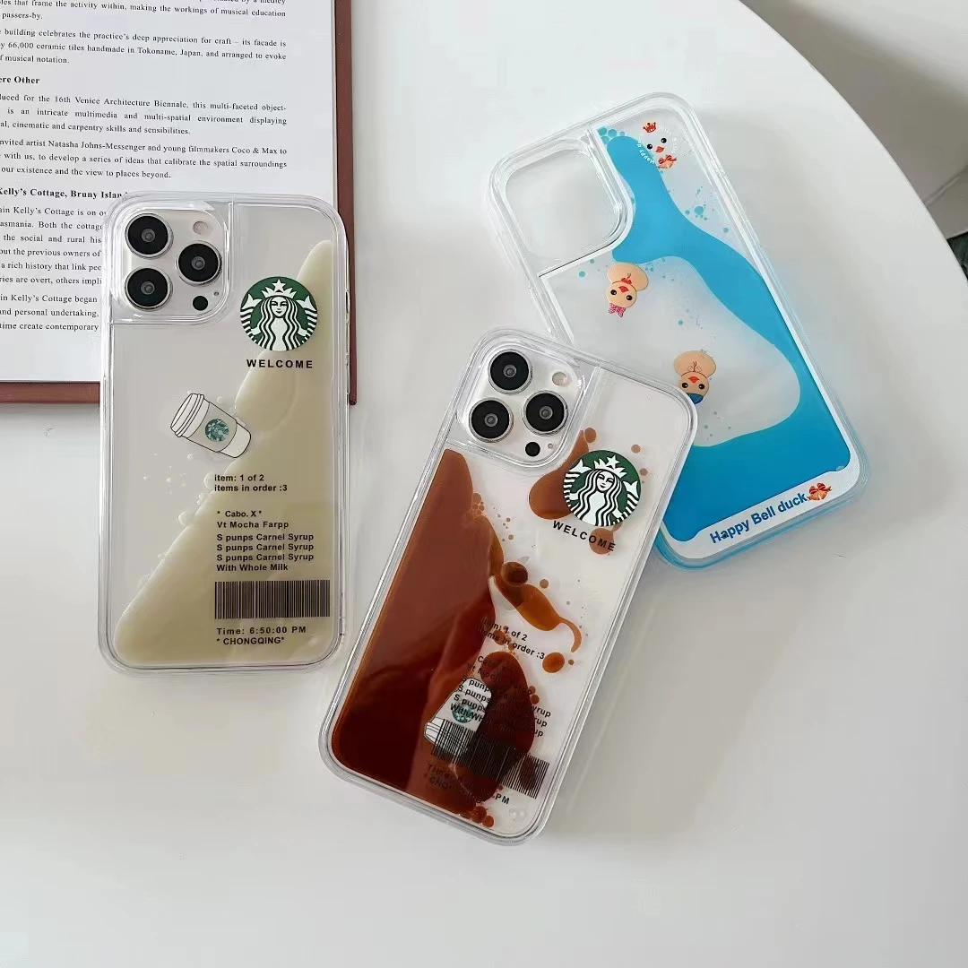 

Luxury Popular Coffee Milk Tea Design TPU+PC Shockproof Liquid Phone Case For iPhone 13 13 Pro Max, 3 colors