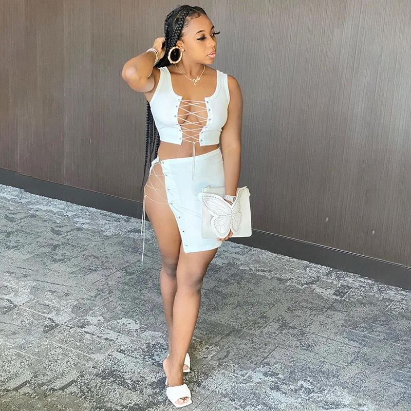 

Lace Up Bandage Sexy Hot Women 2 Piece Sets Sleeveless Party Club Hollow Out Outfits Slim Crop Top And Skirt Co-ord Set
