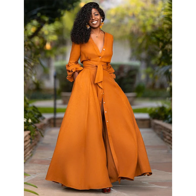 

GX30 vendors new arrivals autumn casual dresses trendy long sleeve v-neck ladies maxi dresses fall 2021 women clothes, Picture