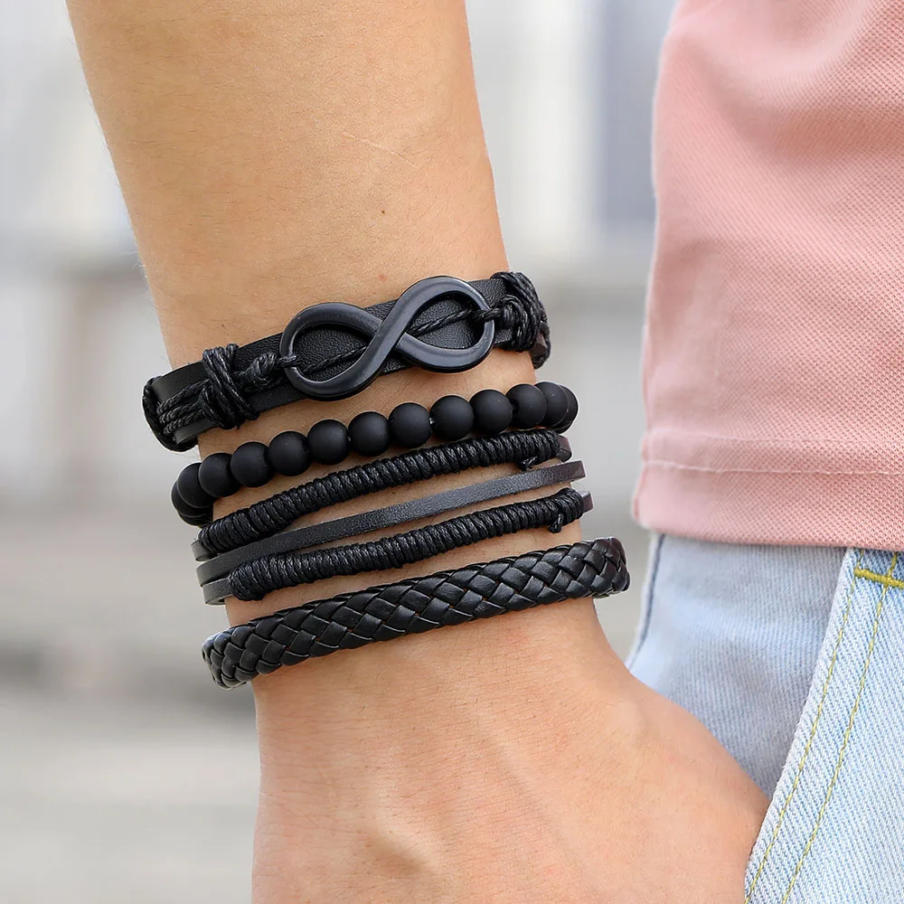 4pcs Vintage Men Black Bead Leather Bracelets Fashion Hollow Triangle Multi Layer Bracelet Bangles Tribal Wrap Women Jewelry