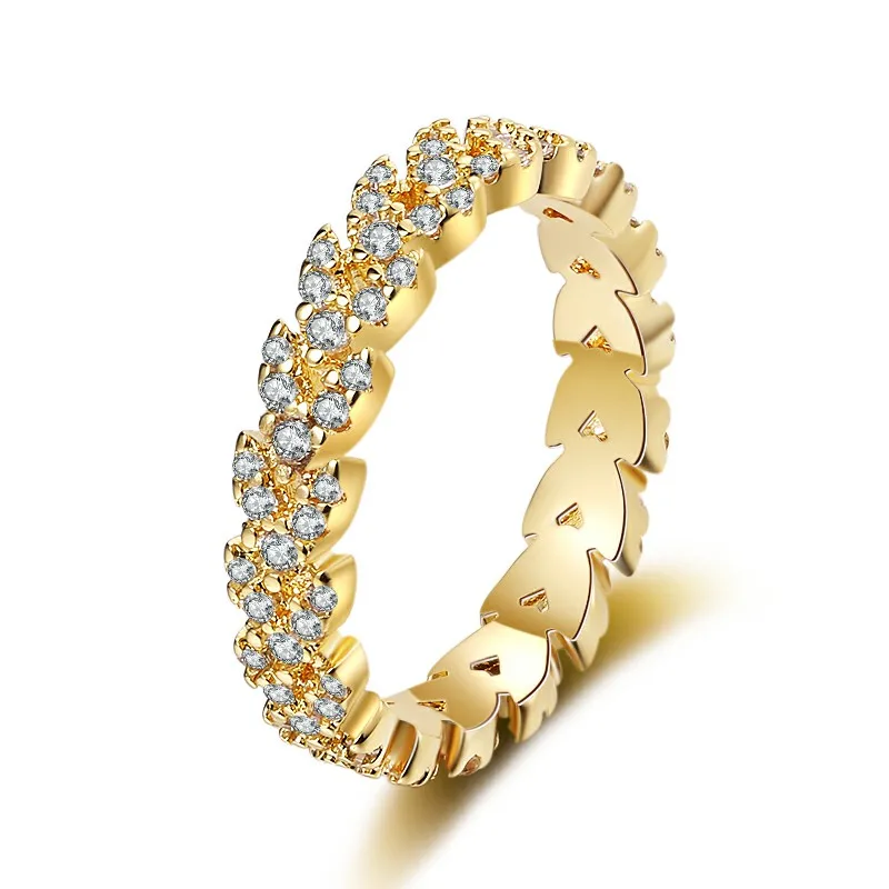 

Luxury jewelry leaf-shaped zircon ring exquisite design geometric full pave cubic zirconia crystal 18K gold ring, Golden