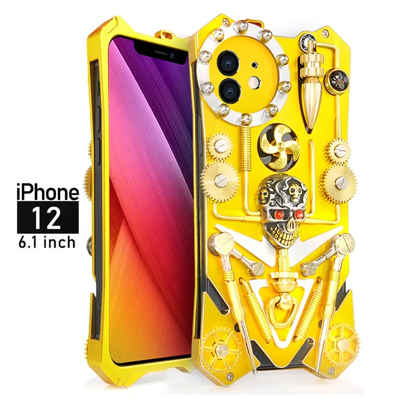 

Luxury Armor Metal Aluminum Pure Copper Cover For iPhone 13 12 ProMax Mini Case Mechanical Gear Purely Handmade Skull Shell