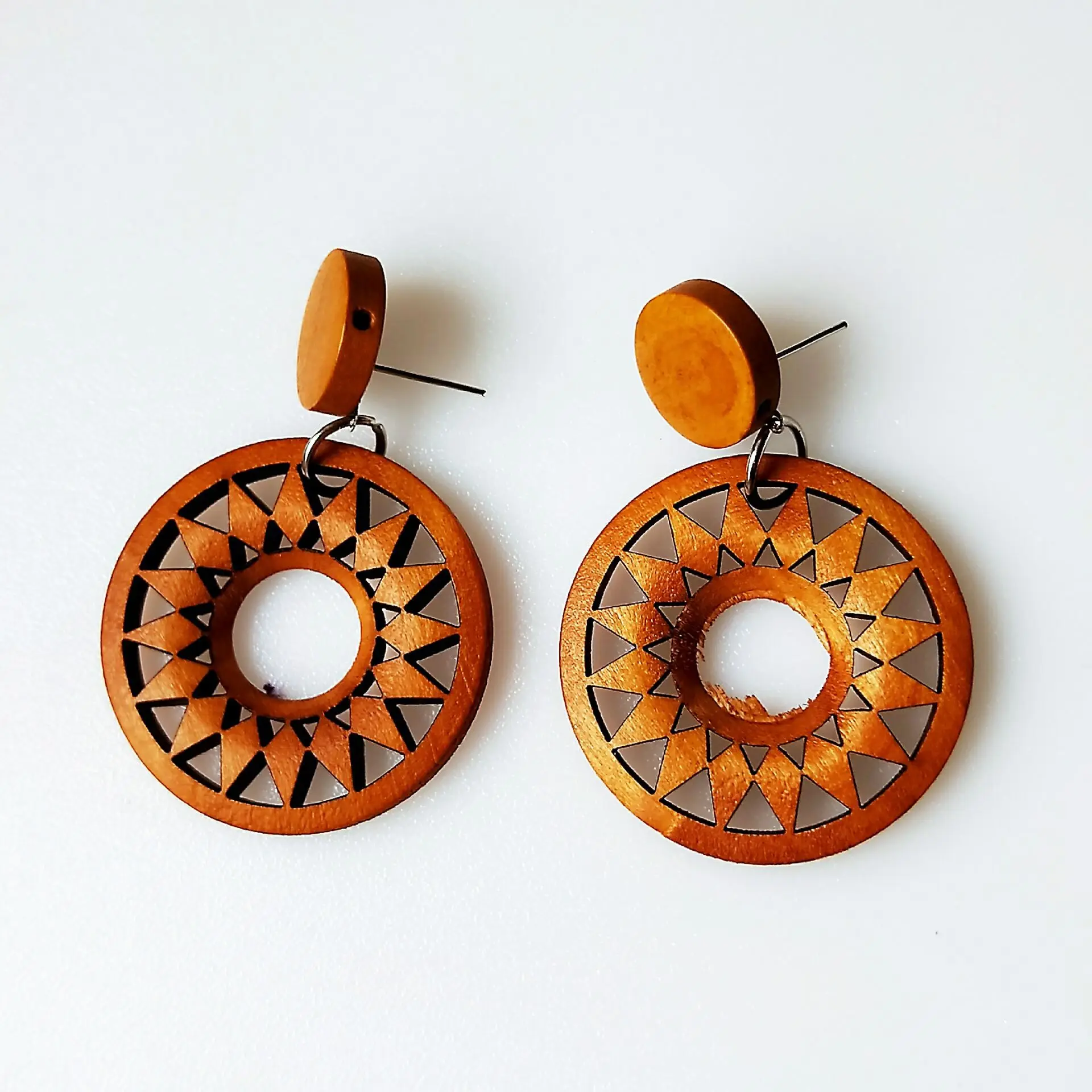 

Hipster national style retro wooden earrings geometric printing temperament personality tide exaggerated women's earrings