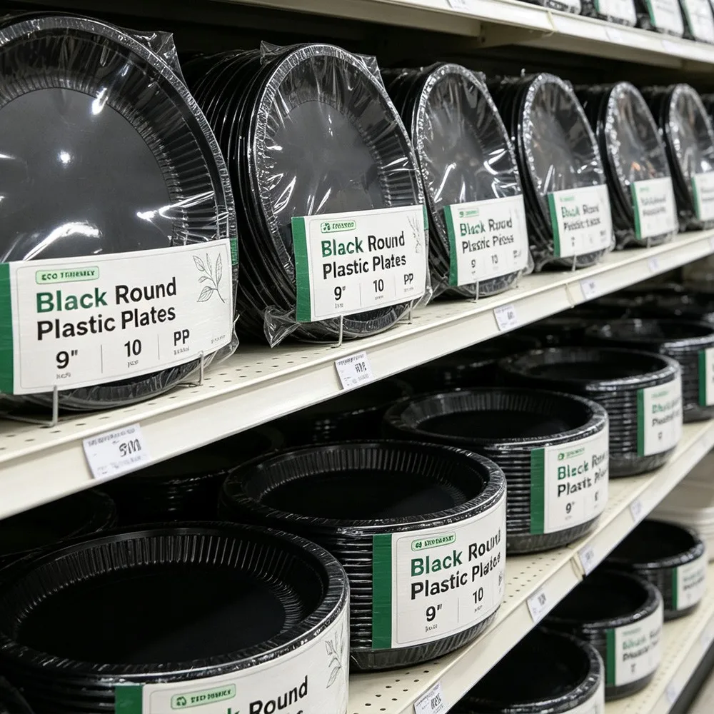 Black PP disposable plates on supermarket retail shelves — 9-inch and 10-inch packs displayed for private-label wholesale buyers