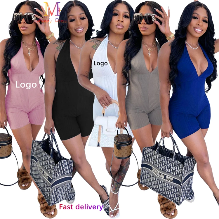 

2022 Hot Sexy Ladies Short Rompers Halter Backless Ribbed Summer Women Bodycon One Piece Jumpsuits, Picture shown