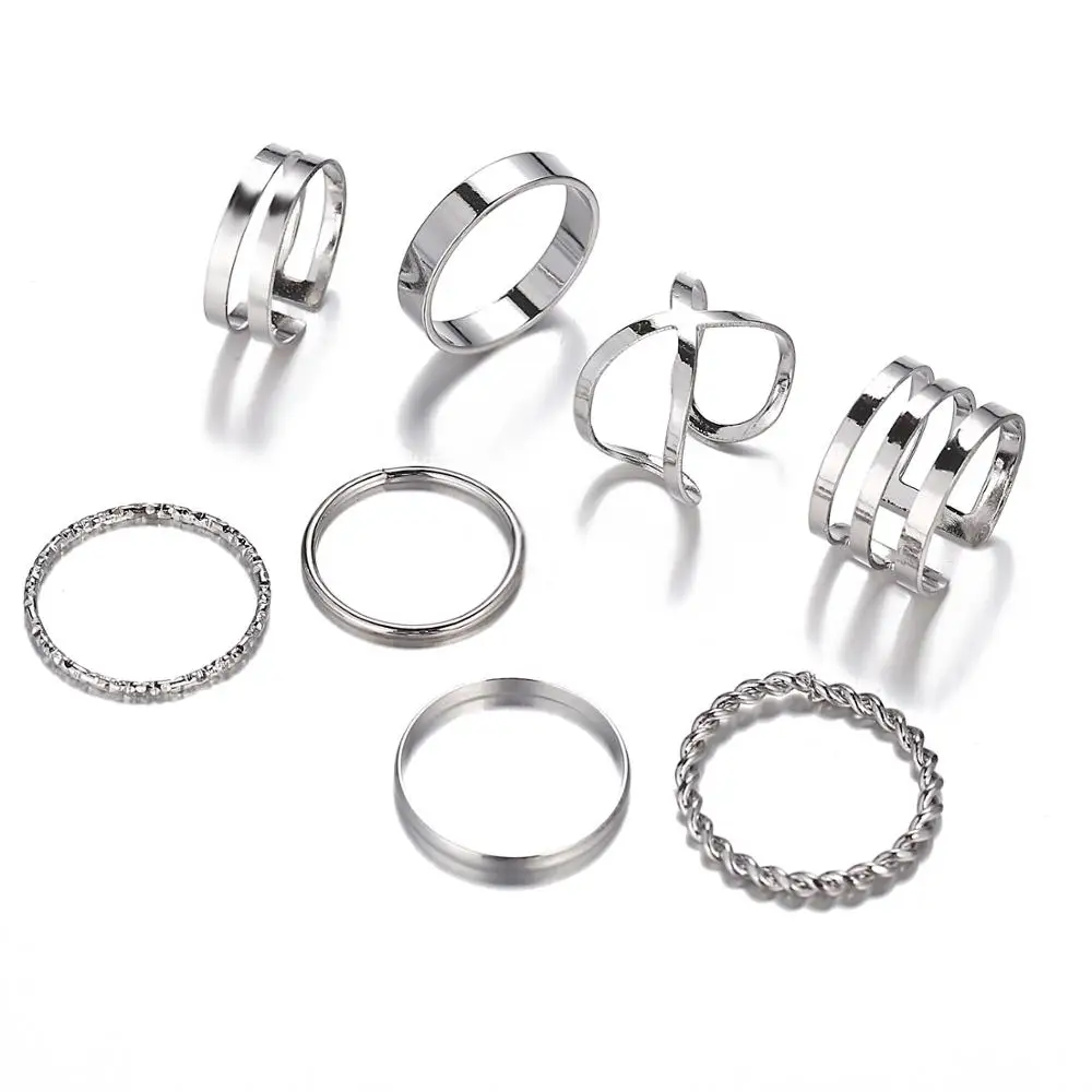 

New creative ring multi-layer crossed 8pcs set platinum finger rings, As pic