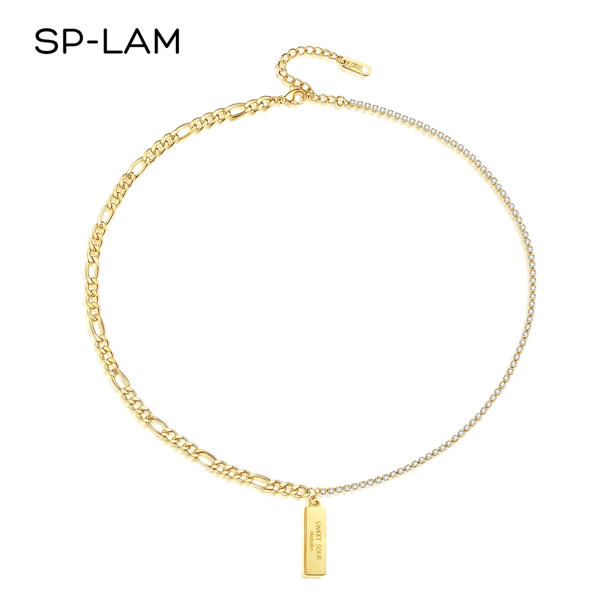 

SP-LAM 2021 Trendy Statement Adjustable Figaro Chain Bar Pendant Necklace Stainless Steel for Women