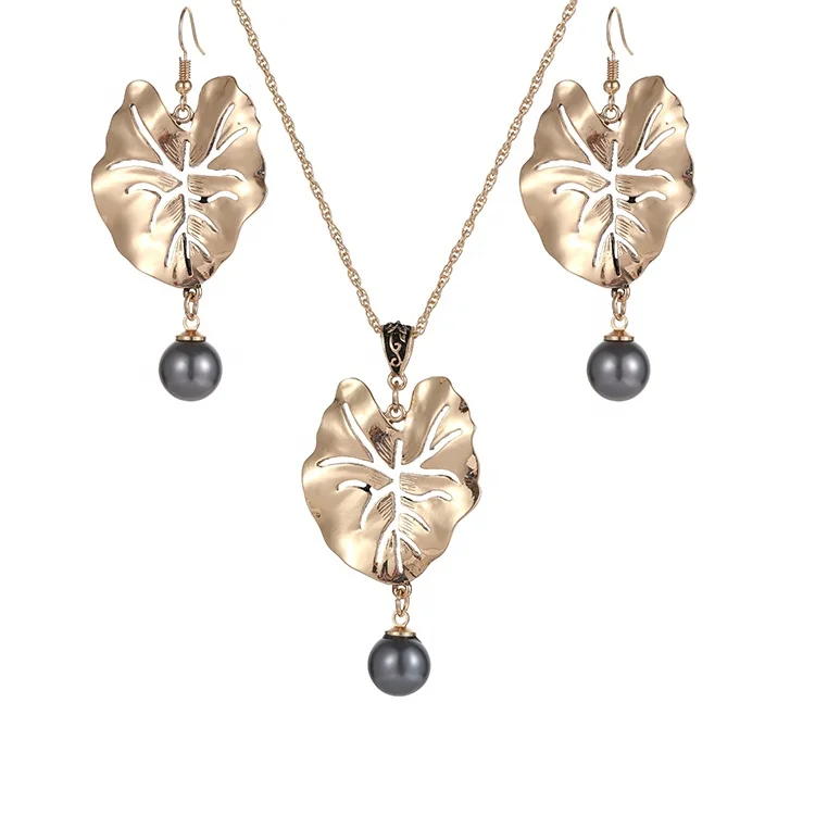 

Leaf Shape Gold Plated Women African Jewelry Sets Hawaii Earring Necklace Jewelry Sets For Party, Golden