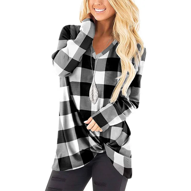 

2020 Hot Sale Latest Autumn Women's Plaid Patchwork Top V-neck Long Sleeve Shirt For Ladies