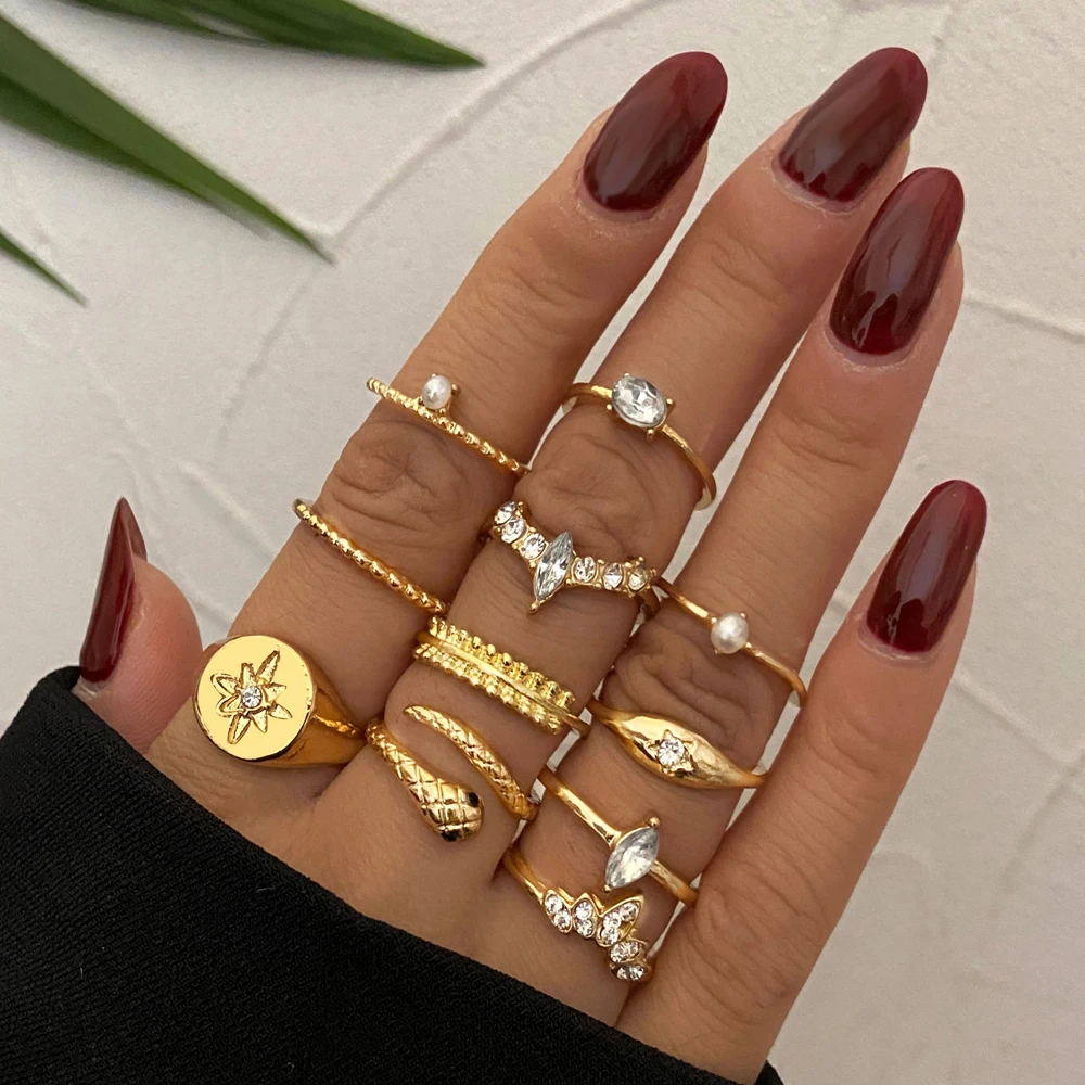 

Boho Vintage Gold Color Shell Heart pearl Ring Geometric Female Finger Rings Set Jewelry For Women