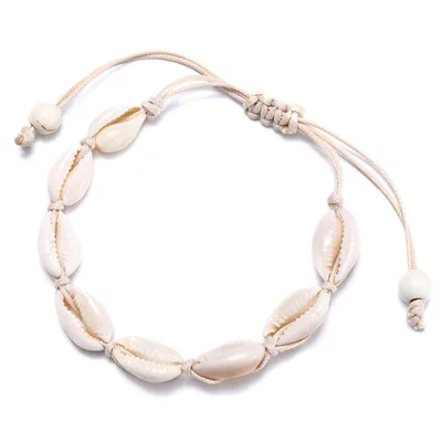 Summer Natural Shell Beige Rope Adjustable Ankle Bracelet Handmade Boho Hawaiian Beach Shell Anklets for Girls