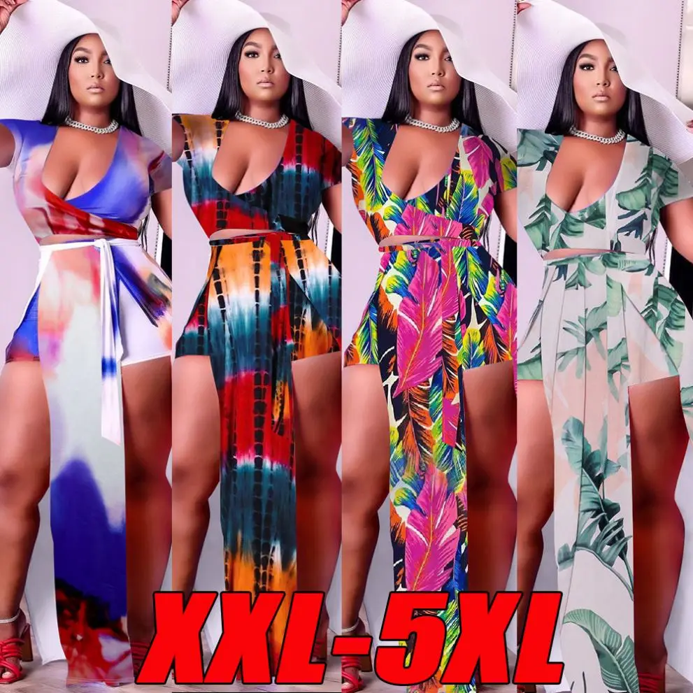 

VK2116 New design street fashion sexy ladies printed slit shorts sets lace up plus size women clothing two piece set