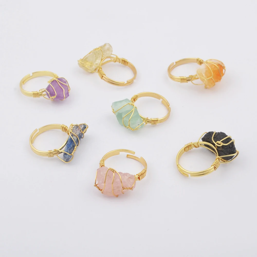 

Gold Plated Gemstone Ring Wire Wrap Handmade Healing Crystal Ring, 7 colors