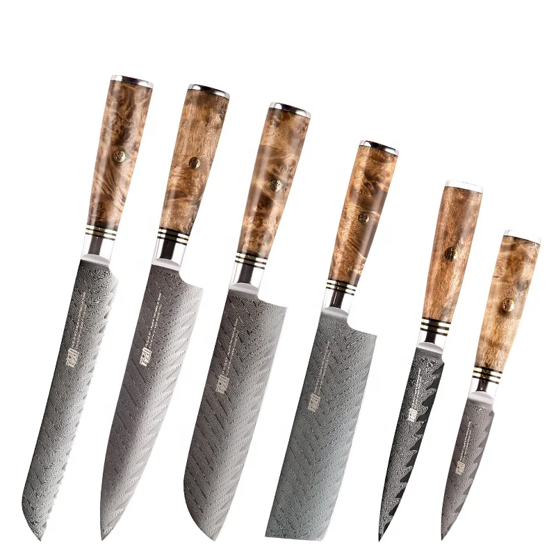 

FINDKING 6 PCS AUS-10 Damascus Steel Sapele Wood Handle Arrow Pattern Damascus Knife Set 67 layers Chef Utility Paring Knife