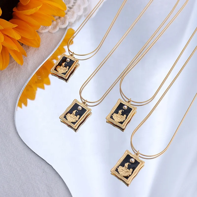 

French Style Oil Painting Vintage Jewelry Girl Moon Square Dripping Oil Pendant Necklace Simple Stainless Steel Choker Necklaces