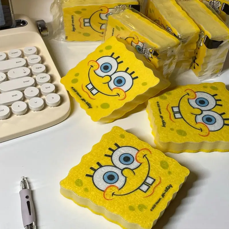 

Cute Cartoon Spongebob Magic Sponge Wipe Kitchen Double Sided Cleaning Brush Pot Dishwashing Sponge Scouring Pads, Yellow