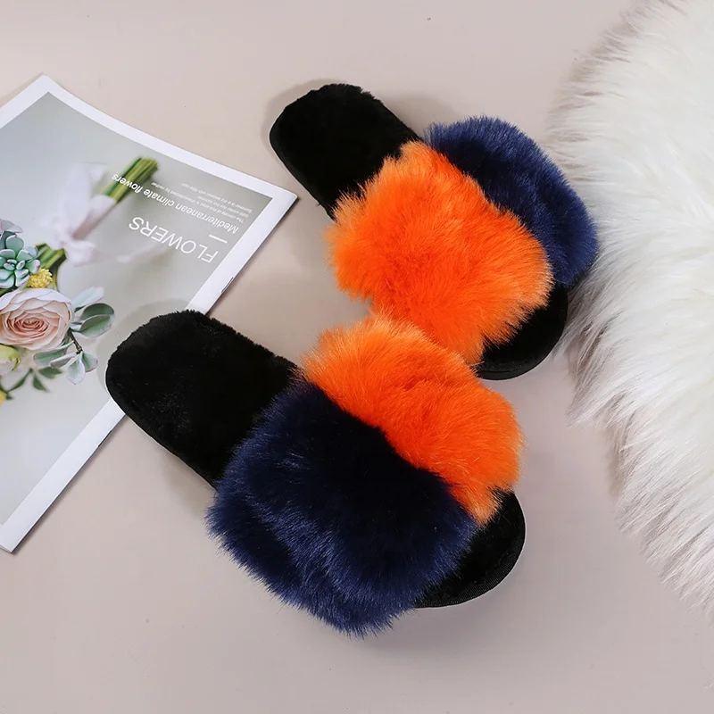 

Wholesale Fashion Lady Fur Slippers Open Toe Fluffy House Indoor Lady Fur Slides, Green,red,orange,blue
