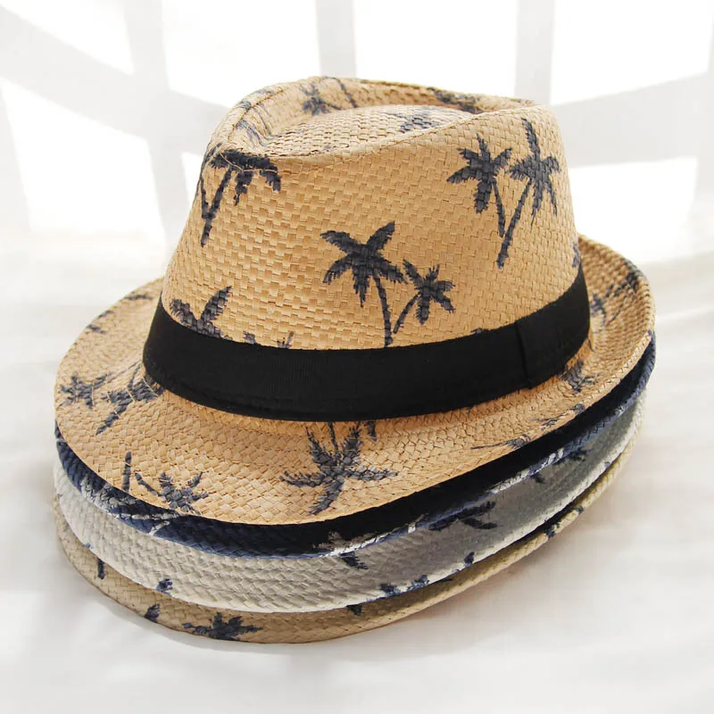 
Hot sales outdoor travelling coconut Leaf Print panama straw hat tree beach Fedora jazz straw Hat 