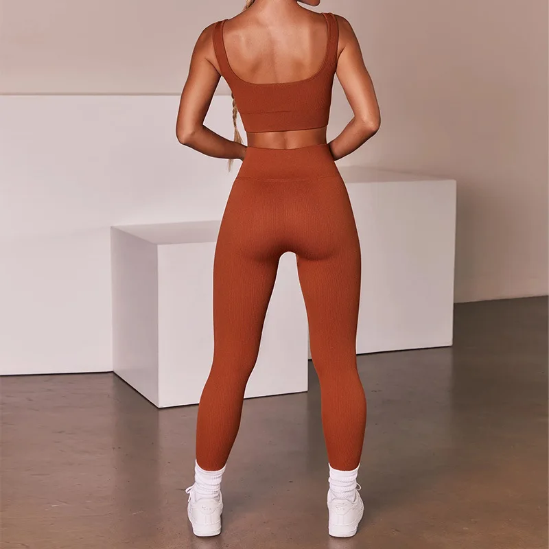

Women High Waist Two Styles Seamless Rib Gym Sport Bra Fitness Yoga Leggings Sets, Brown, light brown ,yellow,blue,dark brown,,black