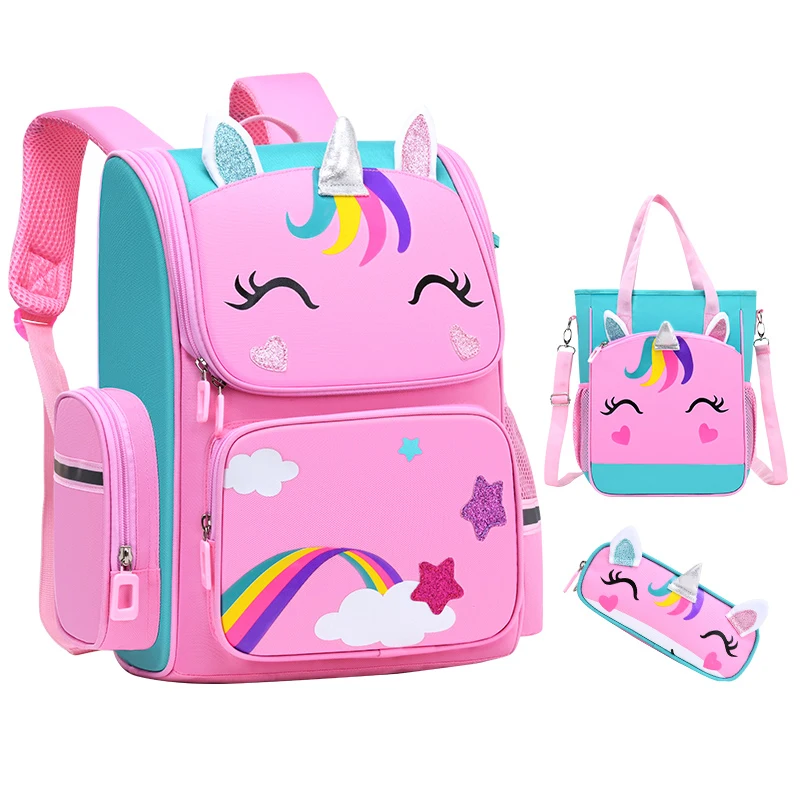 

New arrival hot sale unicorn kids backpack 3 sets with pencil case and hand bag space schoolbag for primary kids, 3colors forgirl and 3 colors for boy