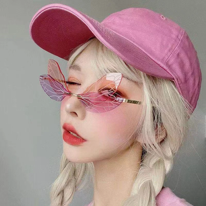 

Butter sunglasses fly wing shaped gradient Pink colors classic new fashion rimeless frame party glasses with case