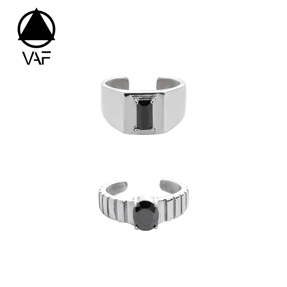 VAF Stainless Steel Black Zircon Gemstone Rings and Glossy Bar Open Bar Zircon Gemstone Wedding Couple Rings