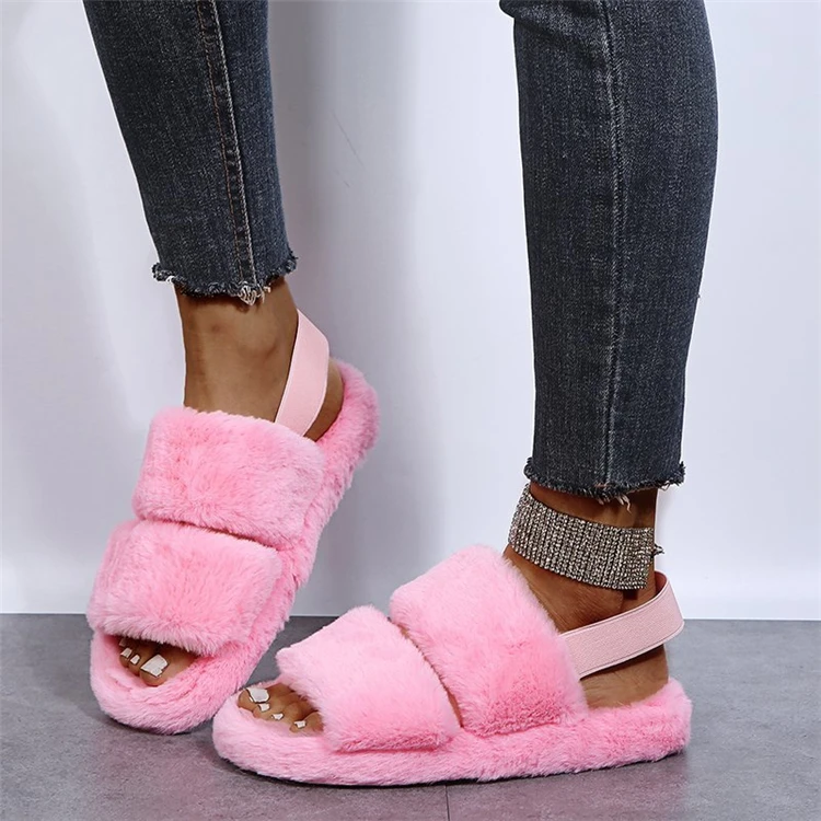 

Wholesale Latest 2021 Fashion Luxury Women Shoes Black Plush Fuzzy Sandals Summer Home Slippers Ladies Fur Slides, As pictures or customized colors